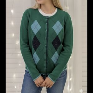 Talbot's Womans Green Cardigan Argyle  5% Cashmere Size SP